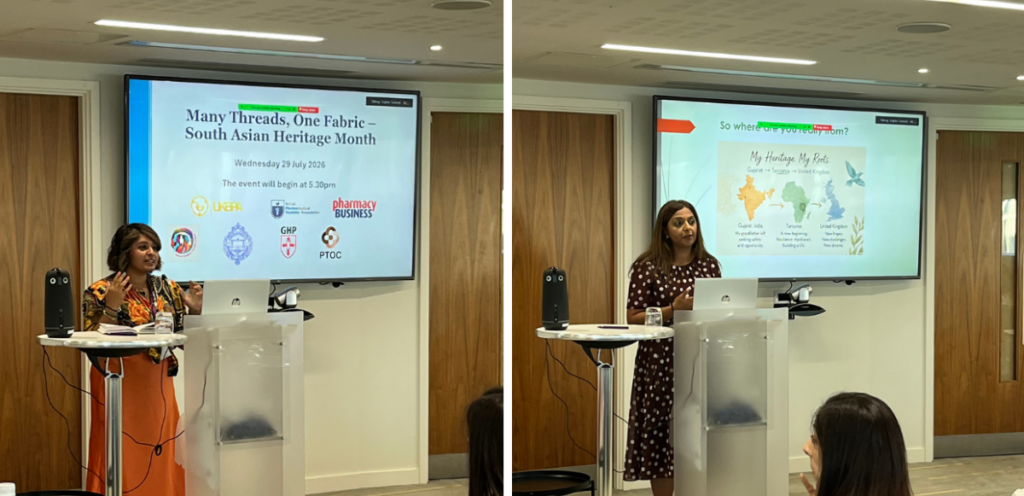Two images, side by side, the left showing Amandeep Doll and the right showing Alishah Lahka, both speaking at a lectern in front of presentation screens