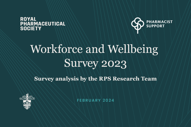 Dark blue with aloe vera symbol in outlines as a pattern overlay, with "Workforce and wellbeing survey 2023, survey analysis by the RPS Research Team" and logos for RPS and Pharmacist support