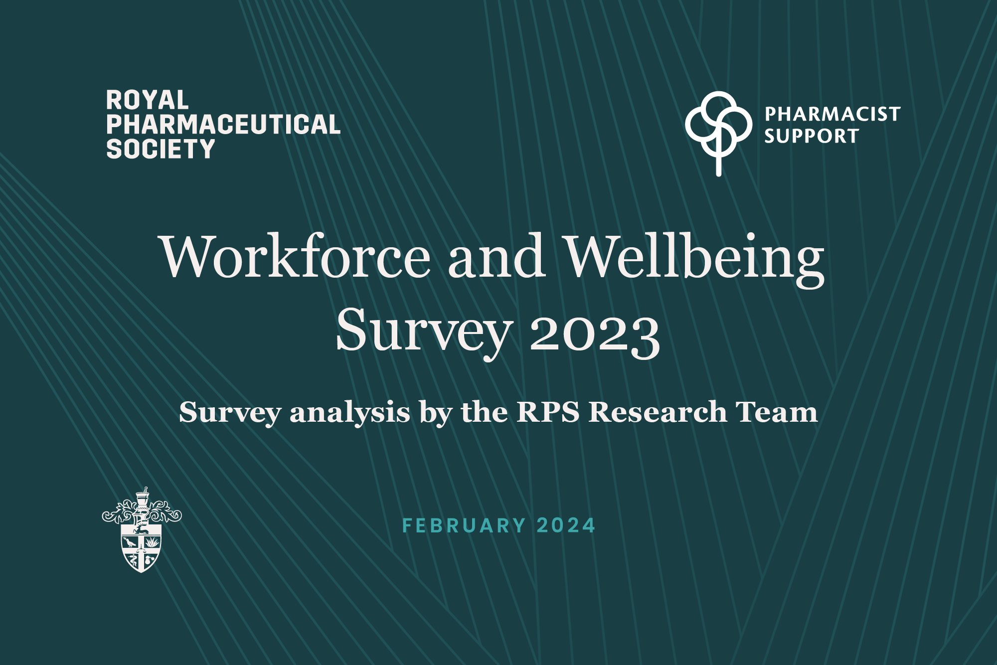 Dark blue with aloe vera symbol in outlines as a pattern overlay, with "Workforce and wellbeing survey 2023, survey analysis by the RPS Research Team" and logos for RPS and Pharmacist support