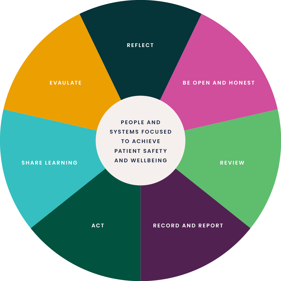 A circular diagram with 'people and systems focuses to achieve patient safety and wellbeing' in the middle. Around the exterior in slices are 'reflect', 'be open and honest', 'review', 'record and report', 'act', 'share learning', and 'evaluate'.