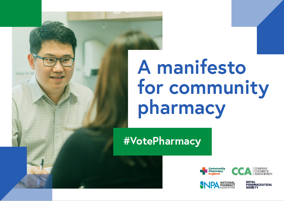 cover of a manifesto for community pharmacy with title a manifesto for community pharmacy and #votepharmacy underneath and an image of a man sitting holding a pen talking to a woman