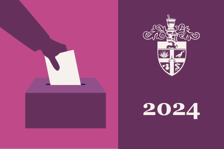 Pink background, showing hand voting with a paper slip. On right is dark purple background with crest and 2024 in white