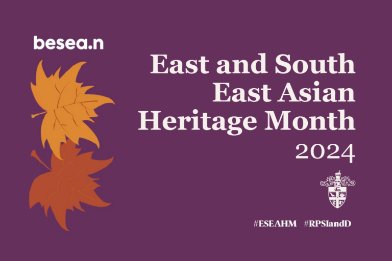 Purple background with orange maple leaves. besea.n logo, RCPharm logo and text "East and South East Asian Heritage Month 2024"