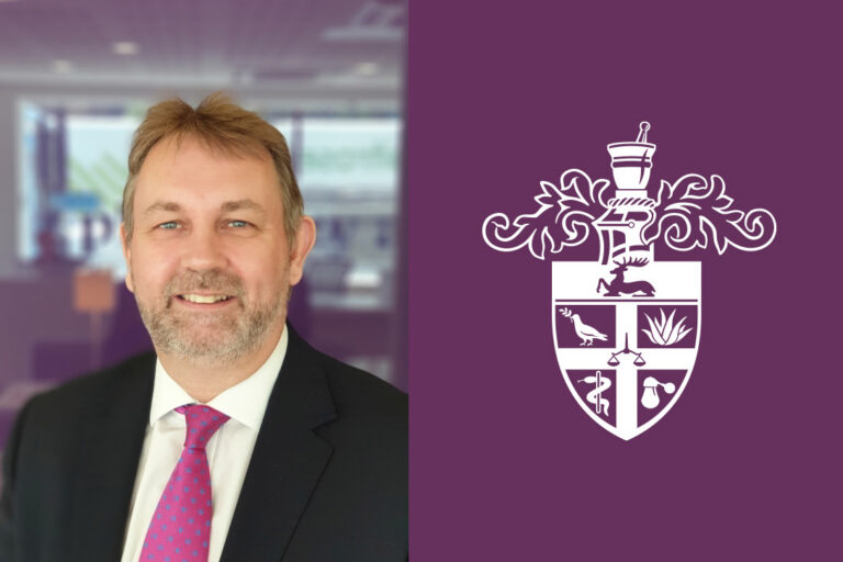 Paul Bennett on the left and on the right a purple background with the RCPharm crest in white