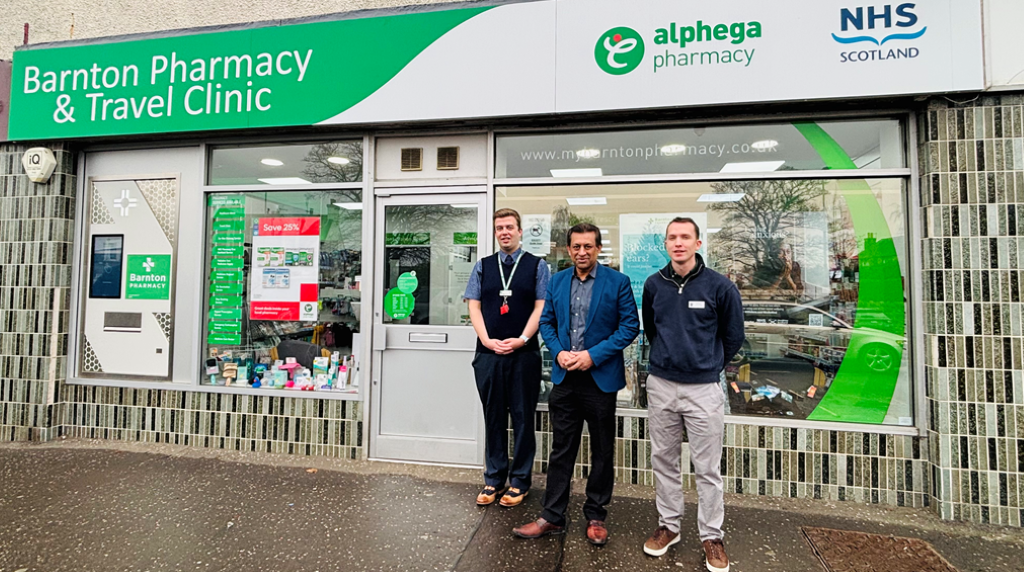 exterior of barnton pharmacy edinburgh with foysol choudhury ross barrow stodd in front