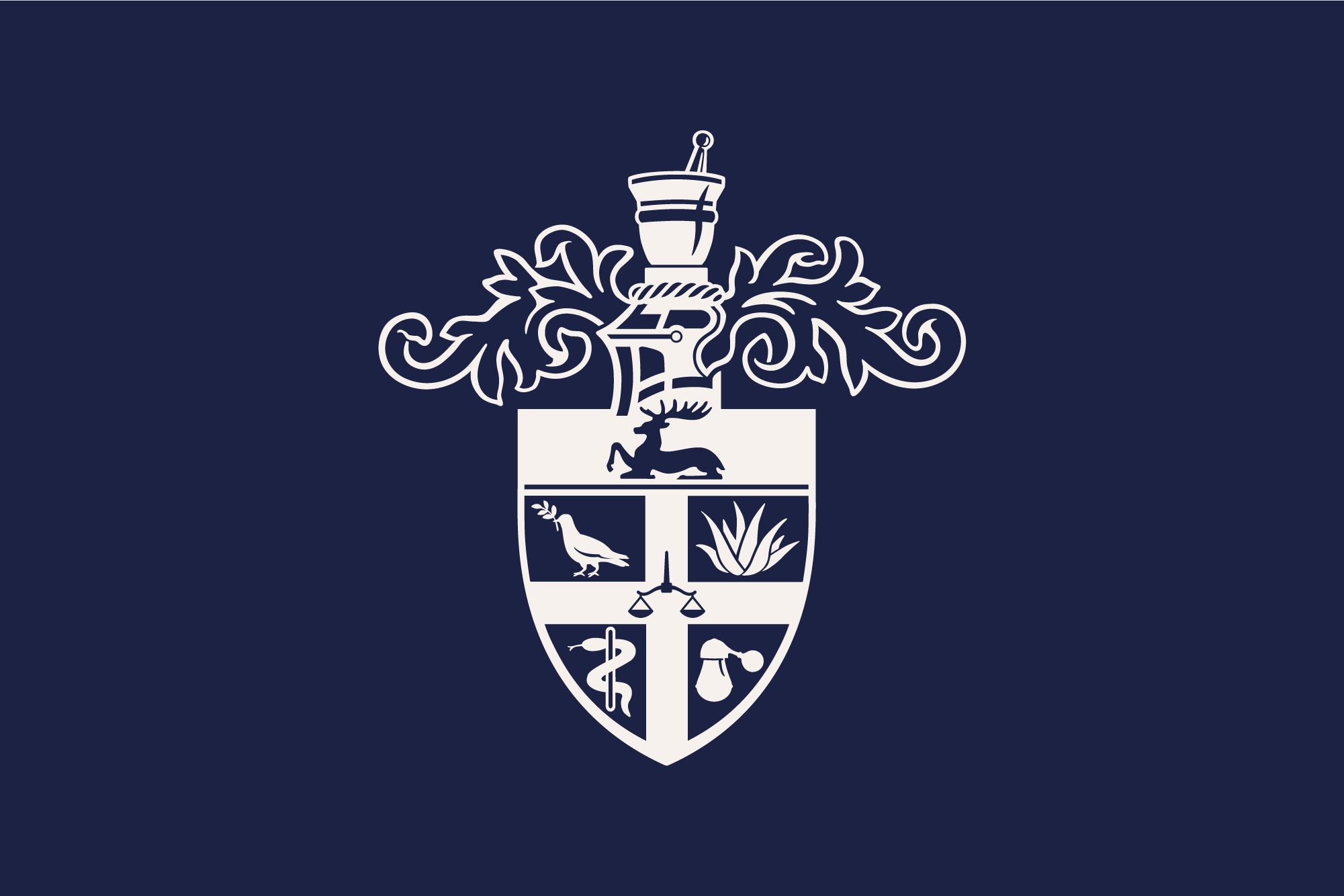 Navy background, white RCPharm crest on top