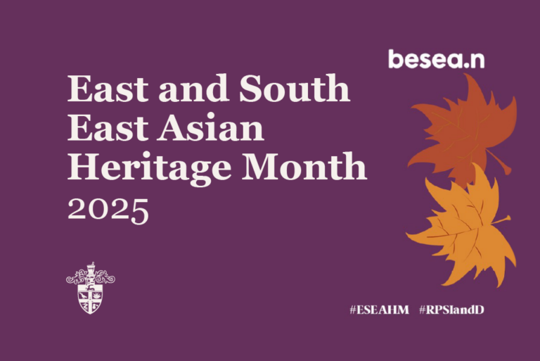 Purple background with orange maple leaves. besea.n logo, RCPharm logo and text "East and South East Asian Heritage Month 2025"
