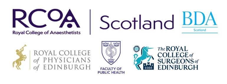 Logos for the Royal College of Anaesthetists, BDA Scotland, Royal College of Physicians of Edinburgh, Faculty of Public Health and the Royal College of Surgeons of Edinburgh