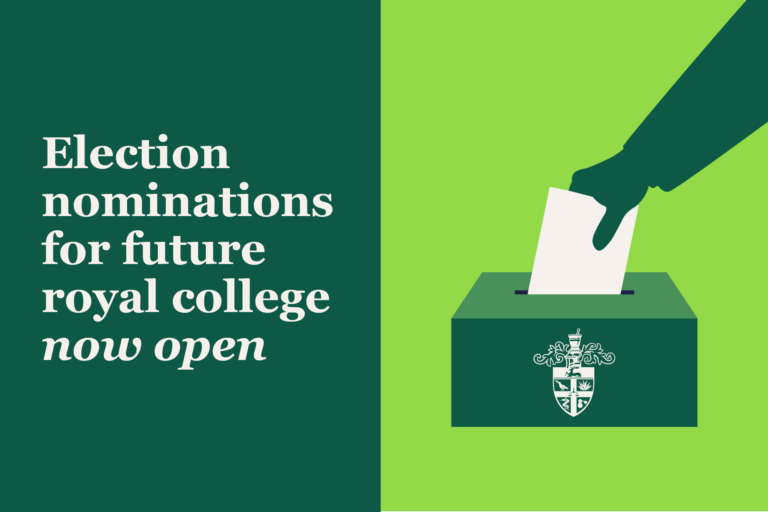 Green background, in the foreground hand puts slip into a voting box with the RCPharms logo on the side. "Election nominations for future royal college now open" written on left