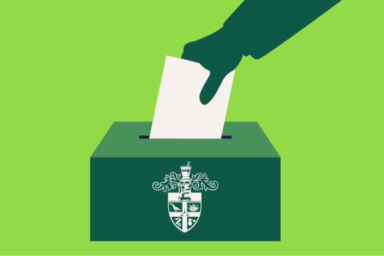 Green background, in the foreground hand puts slip into a voting box with the RCPharms logo on the side