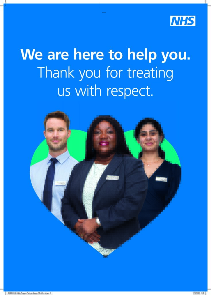 A poster from the NHS showing three pharmacists smiling with text reading across the top that says We are here to help you. Thank you for treating us with respect.
