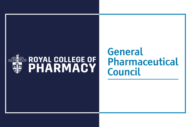 GPHC logo on right in blue on white background, RCPharm logo in white on navy background