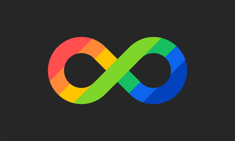 Dark grey background with multicolours neurodivergent icon on top