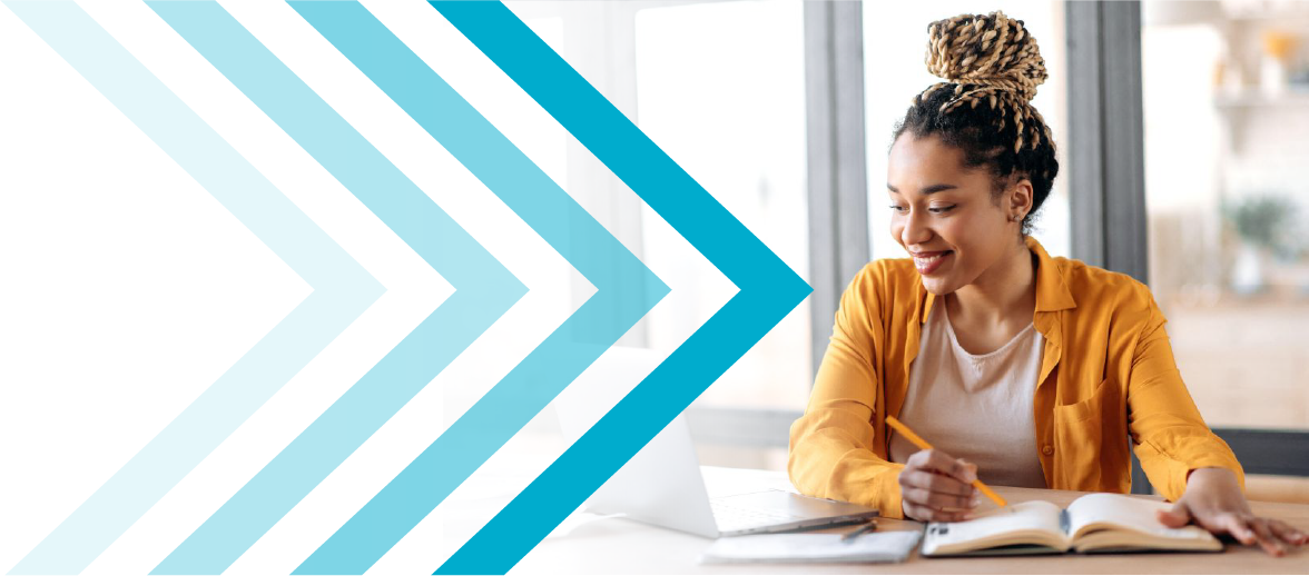 Teal arrows point from left to right getting darker point towards a woman smiling at her work with her hair in an up-do and wearing a white top and orange jacker