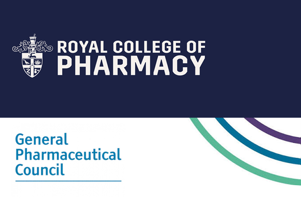 Royal college of pharmacy logo in white on a navy background and bottom half of the image is white background with the GPhC logo in teal and teal/green/purple circles