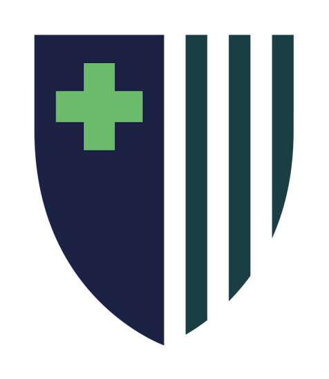 A shield crest with a green cross on the top left side. the left side of the shield is dark blue, and the right side is dark green stripes