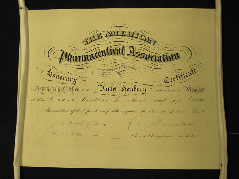 A certificate for Daniel Hanbury from the American Pharmaceutical Association.