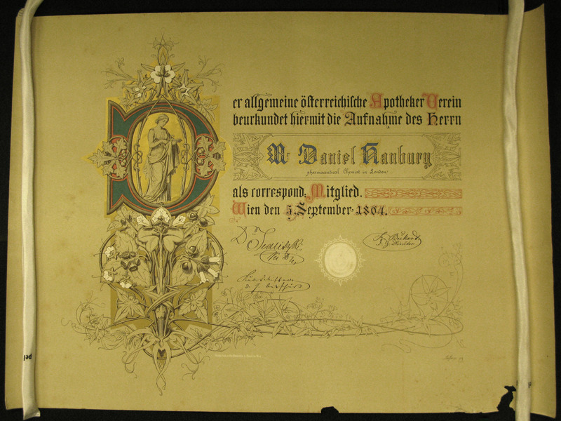A certificate for Daniel Hanbury from the Austrian Pharmacists' Association.