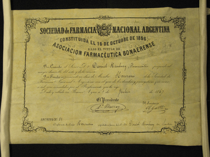 A certificate for Daniel Hanbury from the National Pharmaceutical Society of Argentina.