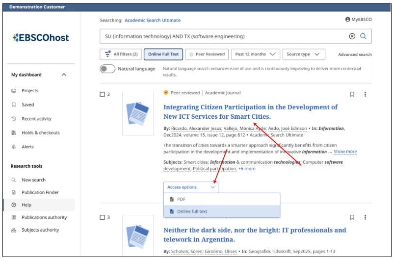 A screenshot of EBSCO's database, showing how to read an article.
