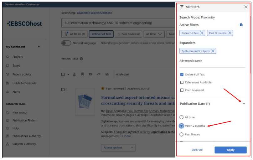A screenshot of EBSCO's database, showing how to refine searches. This is the second part in a tutorial.