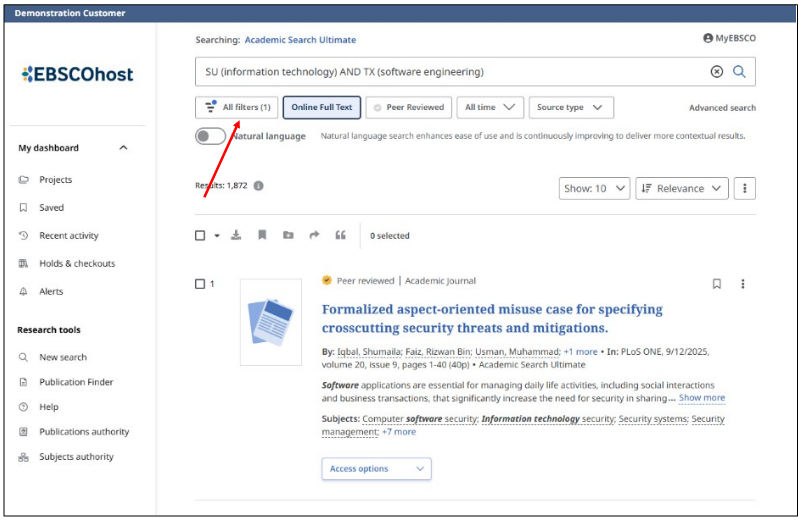 A screenshot of EBSCO's database, showing how to refine searches.