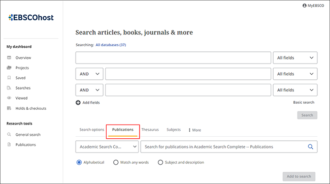 A screenshot of EBSCO's database, showing how to search for individual publications.
