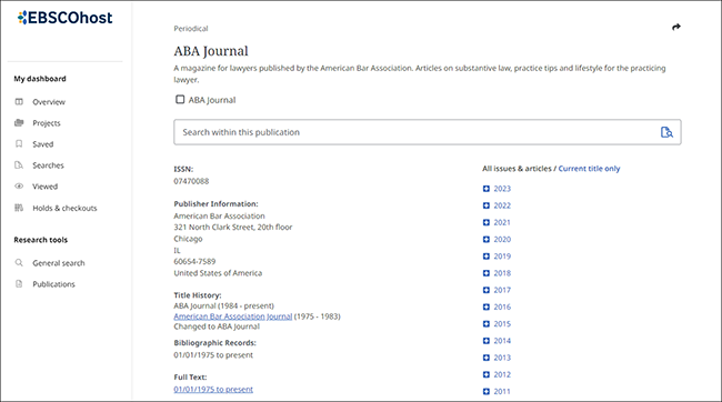 A screenshot of EBSCO's database, showing how to search within a publication.