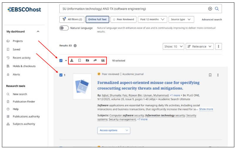 A screenshot of EBSCO's database, showing how to select and download an article.
