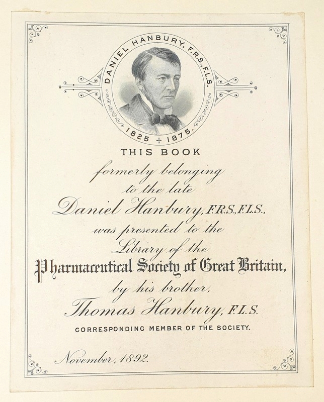 Bookplate commemorating Daniel Hanbury, featuring his portrait and a dedication recording the donation of his book to the Library of the Pharmaceutical Society of Great Britain in November 1892.