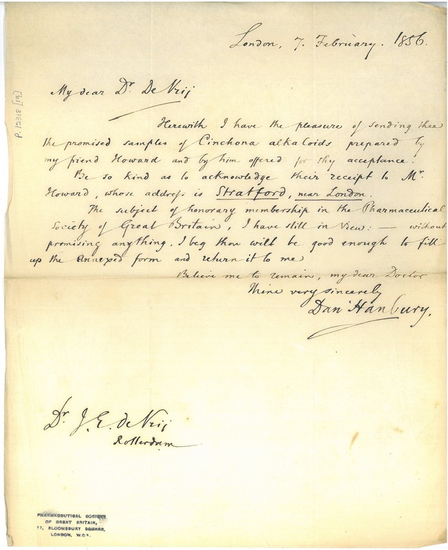 A letter written by Daniel Hanbury to Dr de Vrij.