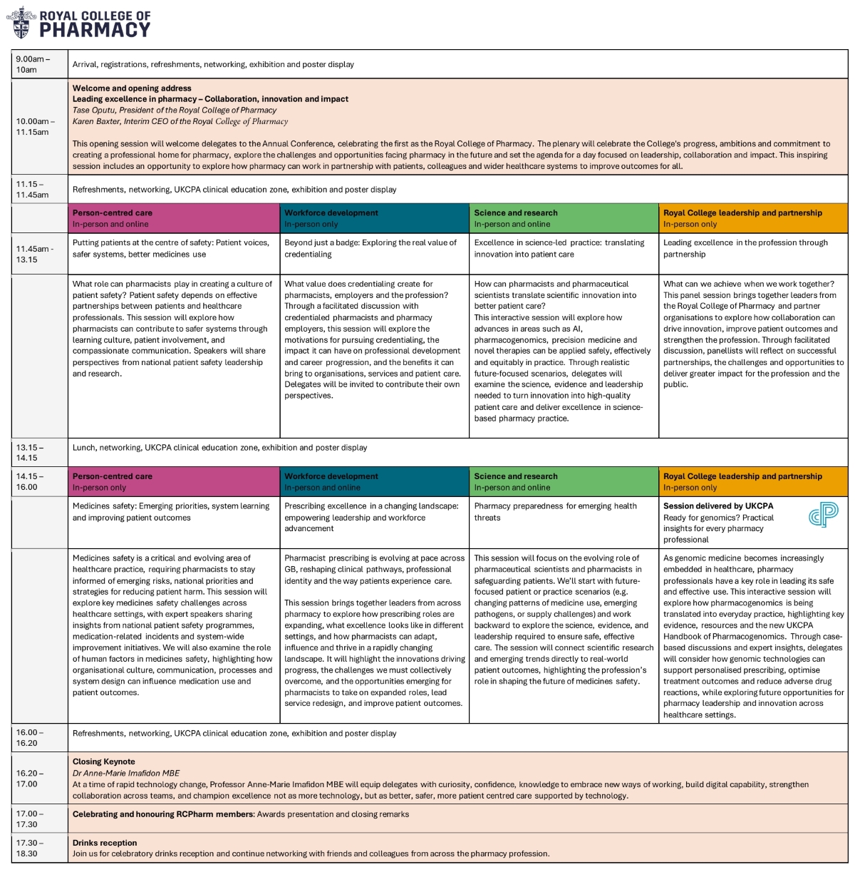 The programme of events for the 2026 conference in a table with coloured columns, the image can be clicked on to open a PDF