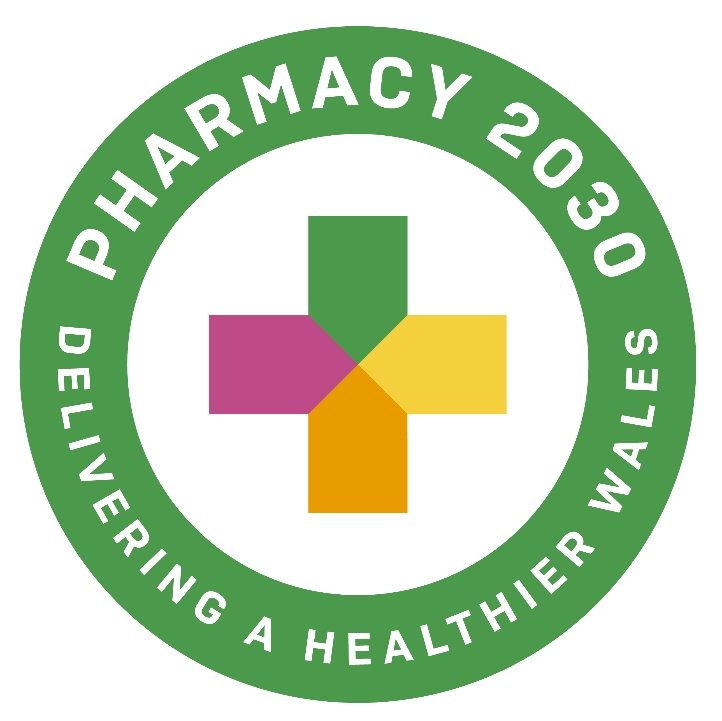 The pharmacy 2030 - delivering a healthier wales logo, displaying a green circle with a multi-coloured pharmacy sign in the centre