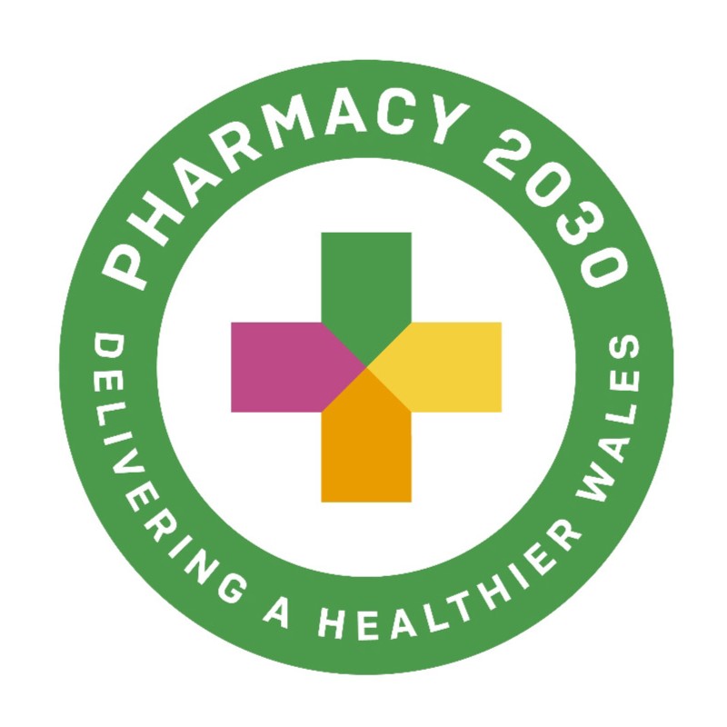 White background, logo with pink yellow orange and green cross with green circle surrounding reading "Pharmacy 2030 Delivering a healthier wales"