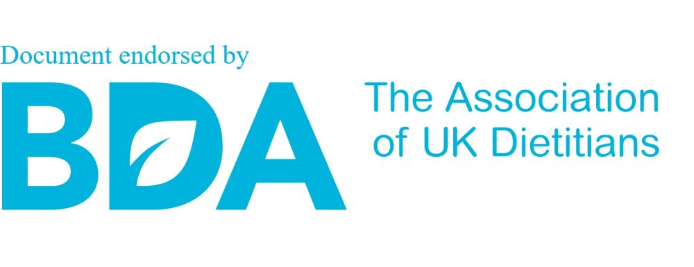 A blue logo for The Association of UK Dieticians, including 'endorsed by' at the top