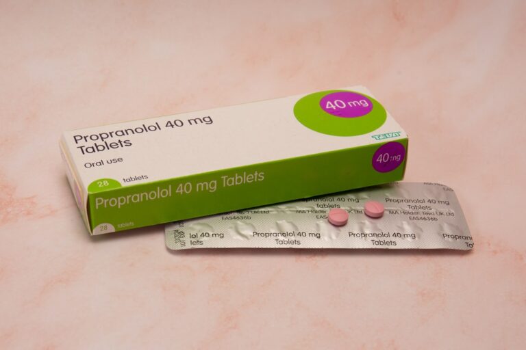 Propranolol 40mg tablets box, with two pills on blister pack.