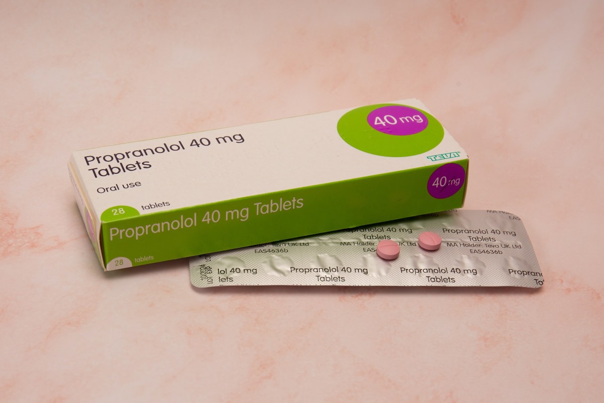 Propranolol 40mg tablets box, with two pills on blister pack.