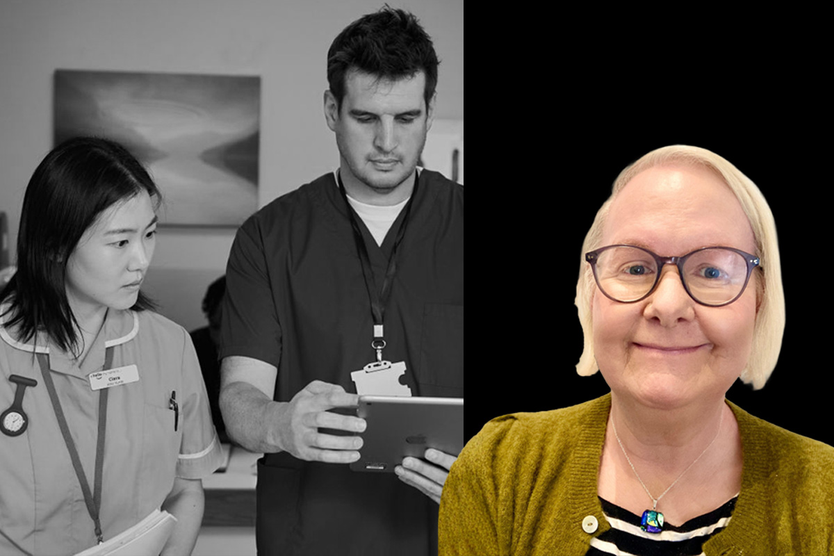Left hand image shows black and white scene of woman and male pharmacist discussing a patient chart and the right shows a black background with Rikki smiling
