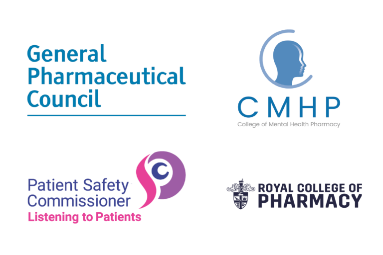 White background with GPhC, CMHP, Patient safety commissioner and RCPharm logos