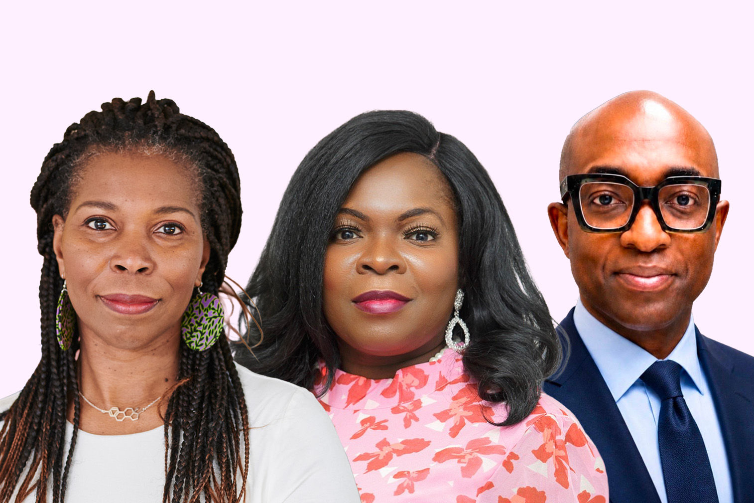 Tase, Diane and Ade look seriously on an off-white background wearing a pink and orange blouse and a navy suit and tie respectively