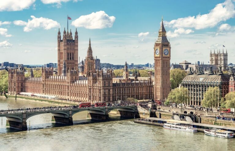 London cityscape with Houses of Parliament and Big Ben tower, UK